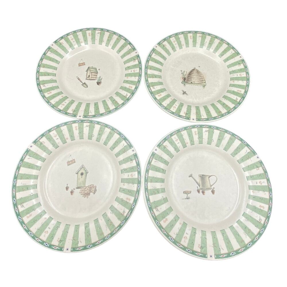 Set of 4 Vtg Pfaltzgraff Naturewood Salad Plates Beehive Watering Can Birdhouse